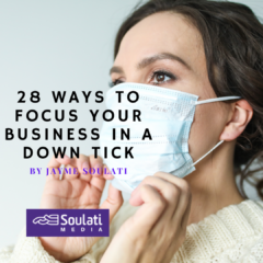 ALT="woman wearing face mask and caption, 28 Ways to Approach Marketing Your Business in a Crisis Economy via Soulati Media"